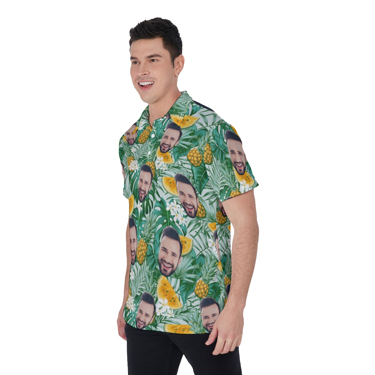 Men’s Custom Face Hawaiian Polo Shirt with Tropical Fruits Pattern