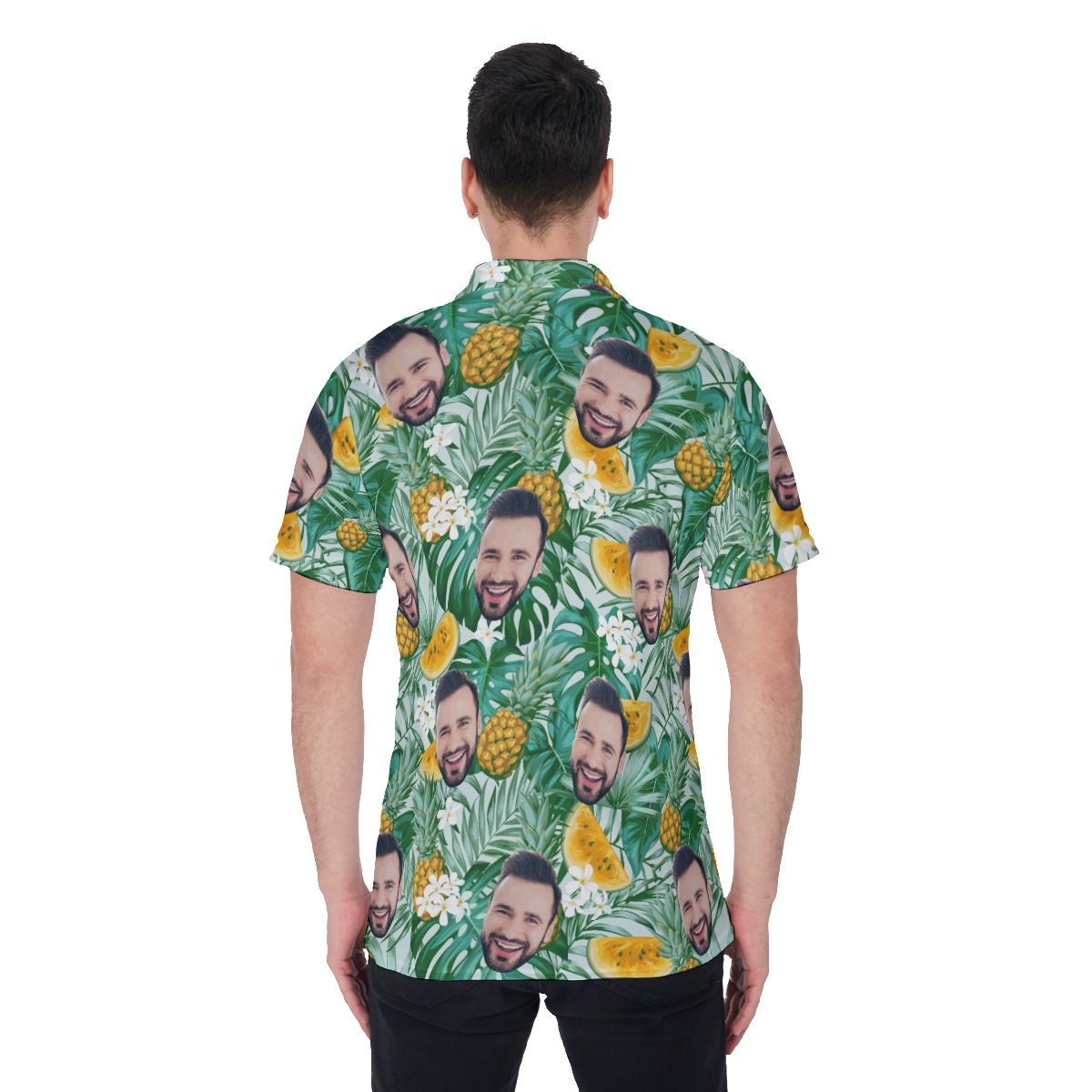 Men’s Custom Face Hawaiian Polo Shirt with Tropical Fruits Pattern