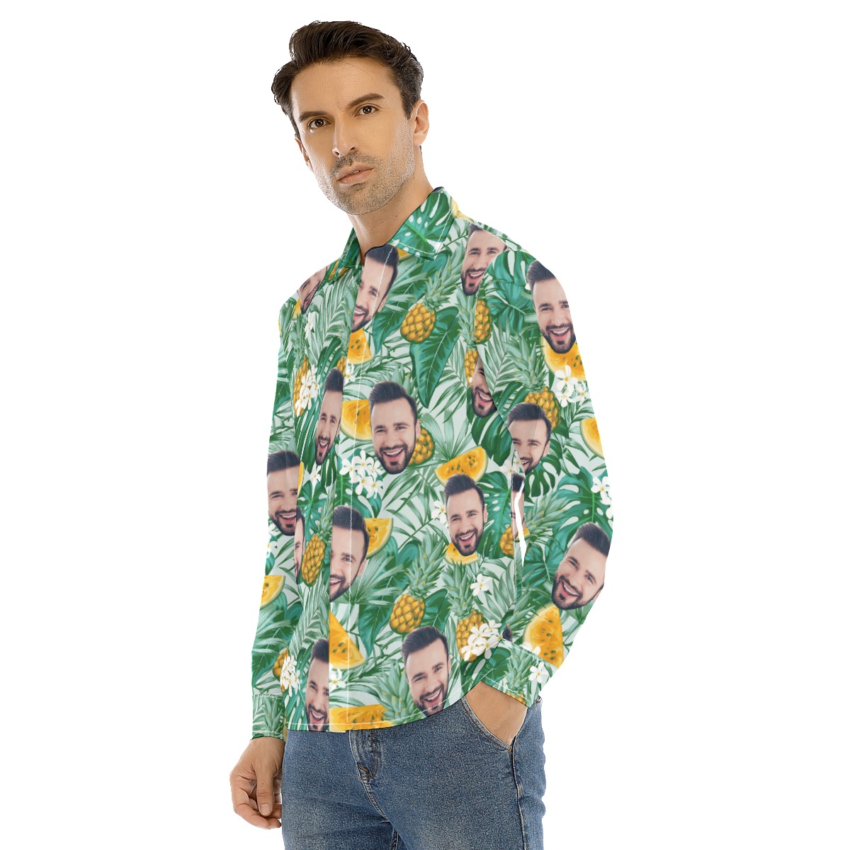 Men's Custom Face Tropical Long Sleeve Hawaiian Shirt
