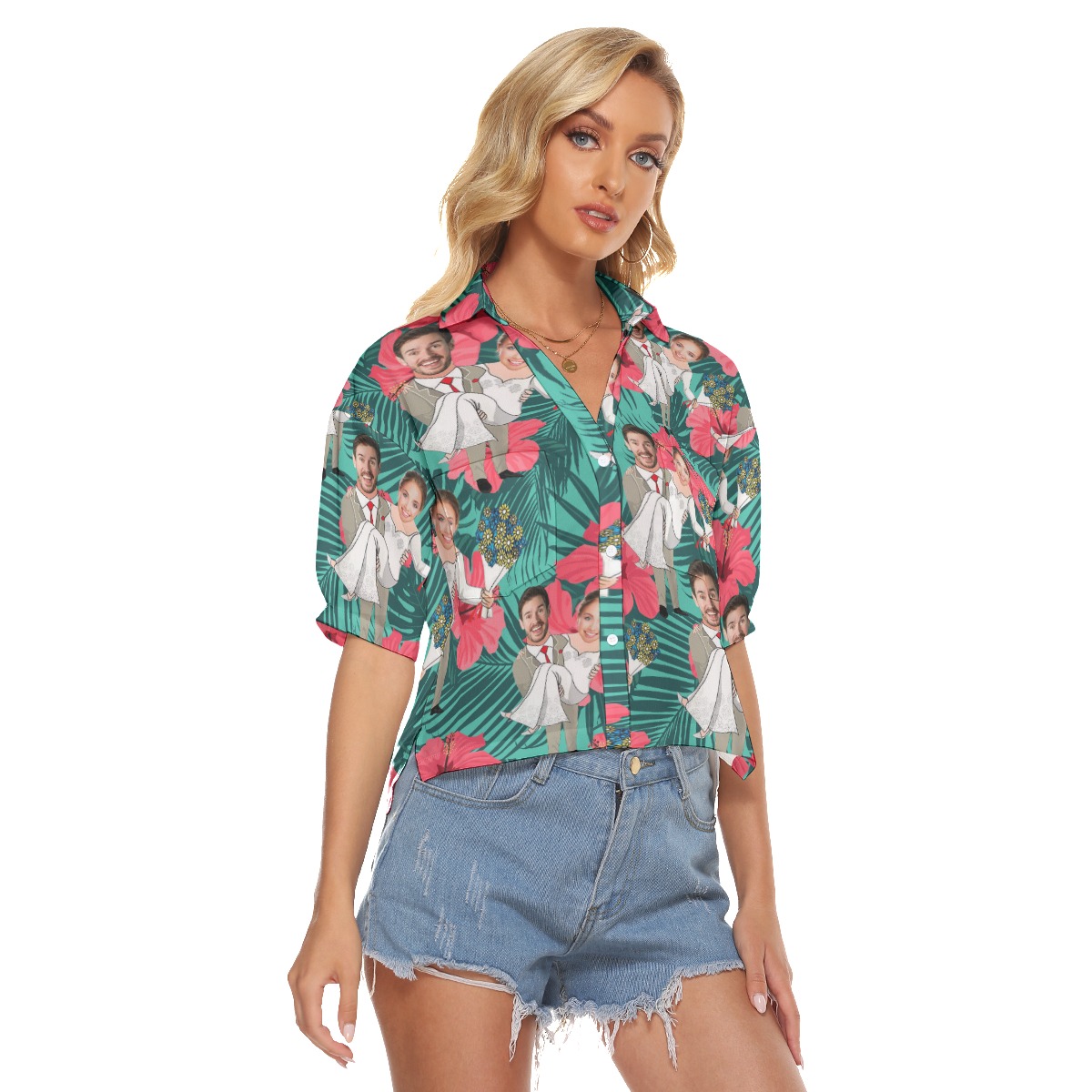 Women's Crop Top Hawaiian Shirt Couple Custom Face