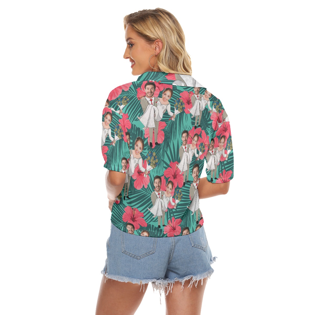 Women's Crop Top Hawaiian Shirt Couple Custom Face
