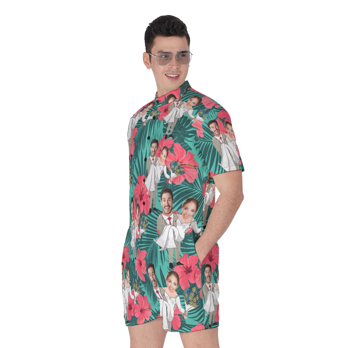 Men's Hawaiian Romper With Custom Face Couple