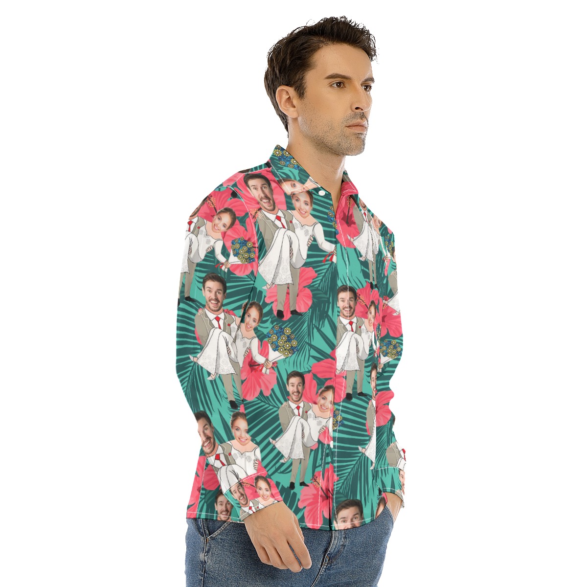 Custom Face Couple Long Sleeve Hawaiian Shirt For Men