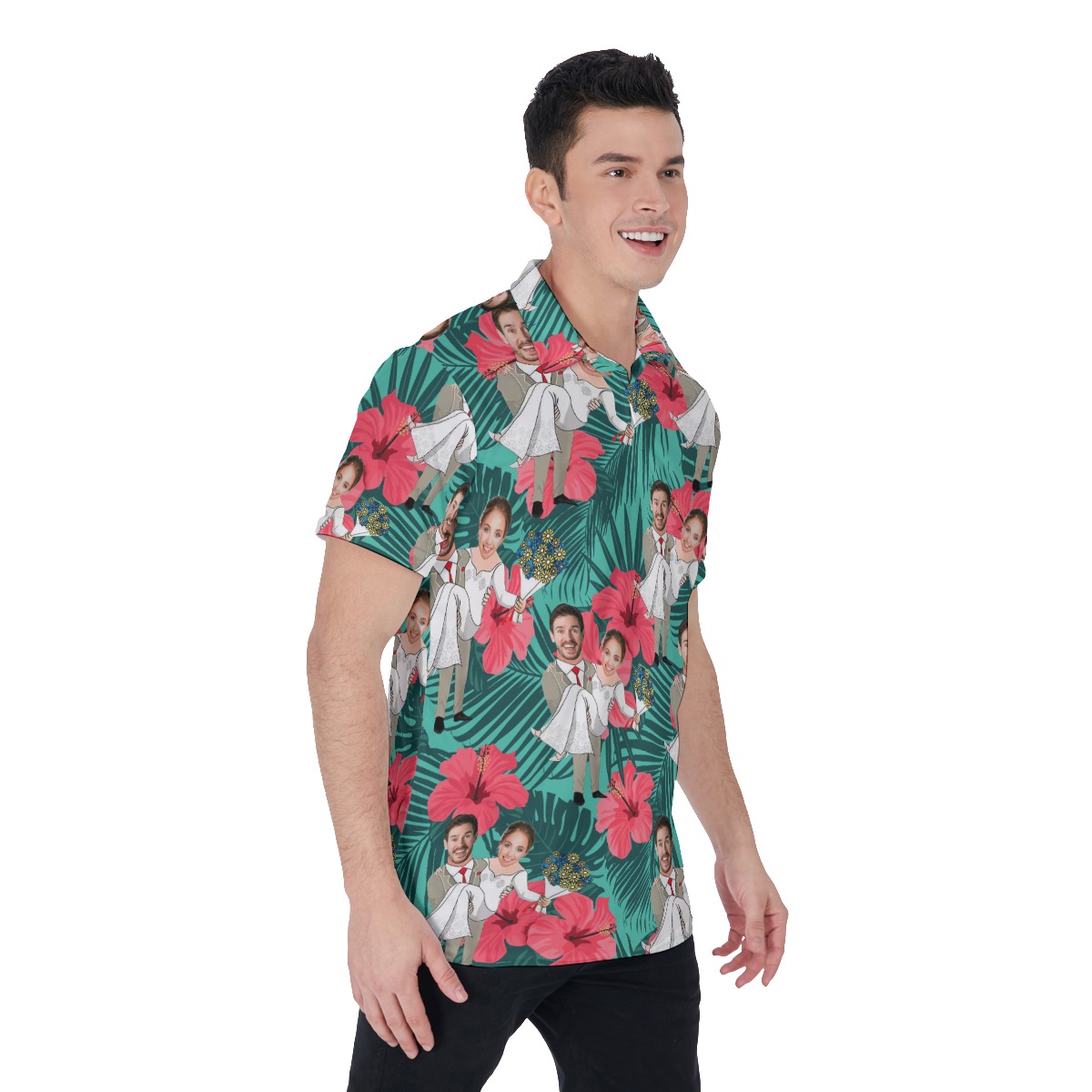 Custom Face Couple Hawaiian Polo Shirt For Men