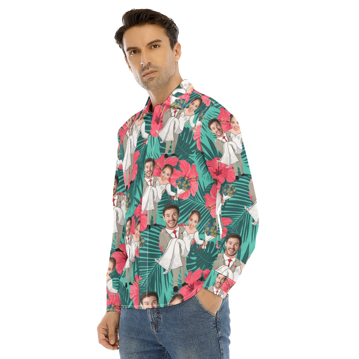 Custom Face Couple Long Sleeve Hawaiian Shirt For Men