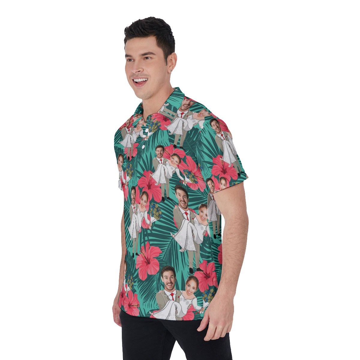 Custom Face Couple Hawaiian Polo Shirt For Men