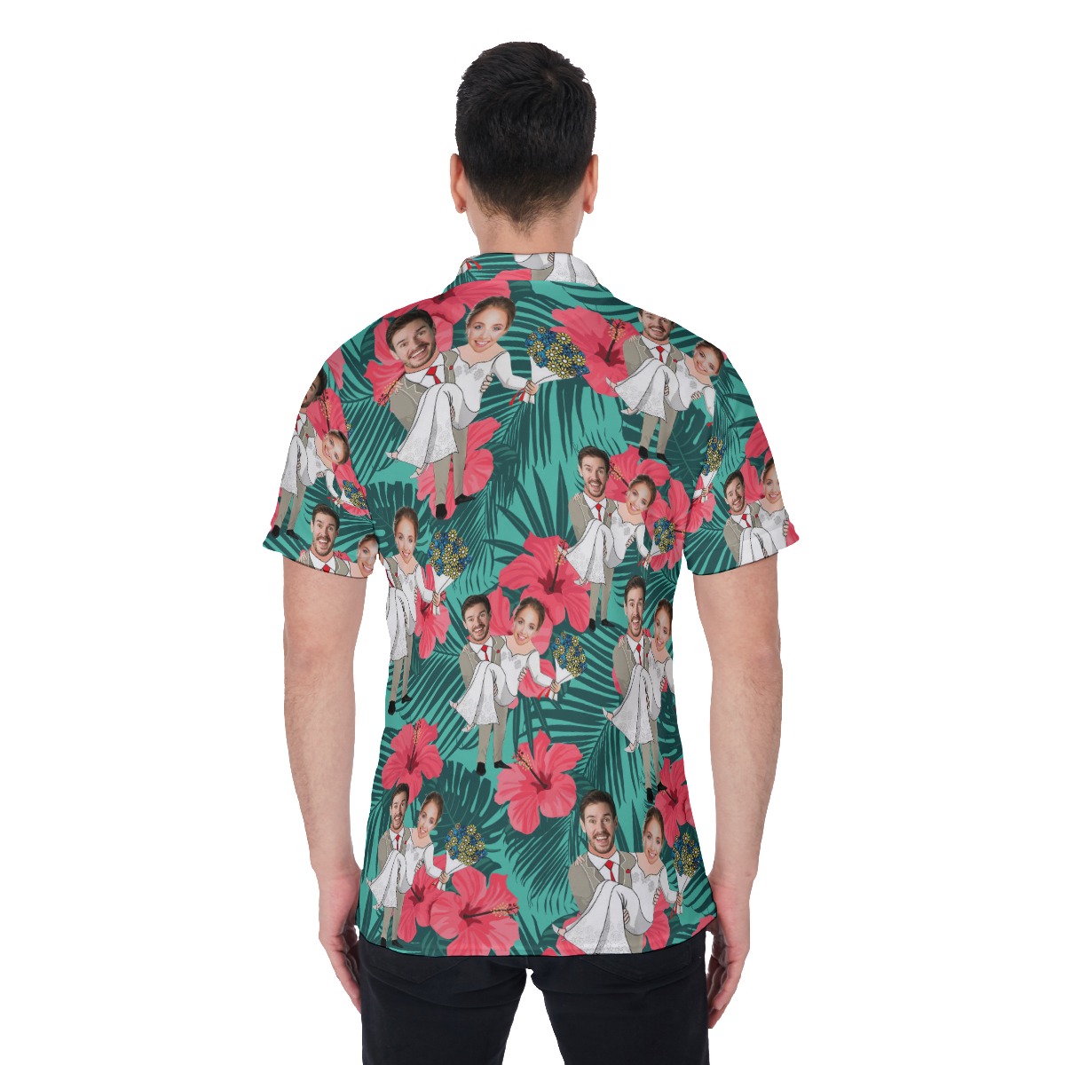 Custom Face Couple Hawaiian Polo Shirt For Men