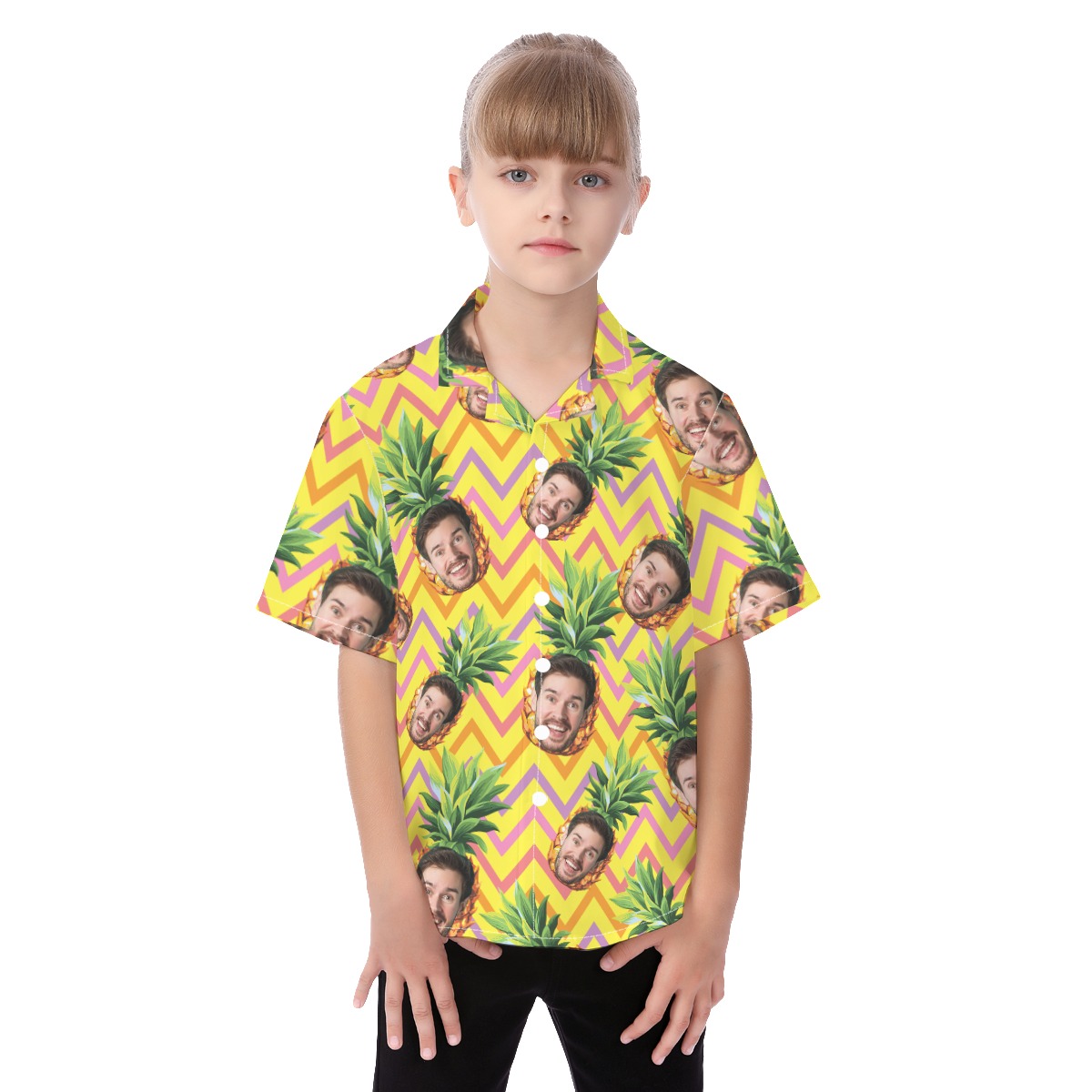 Cute Custom Face With Pineapple Aloha Button Up Shirt For Kids - variant image 1