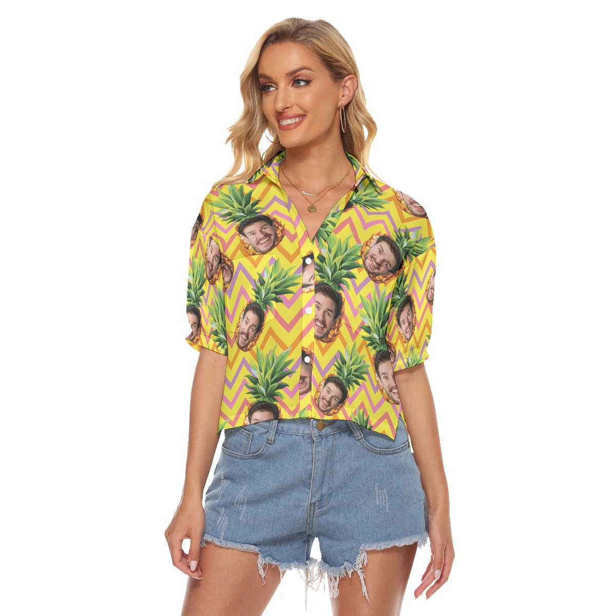 Unique Pineapple Custom Face Hawaiian Crop Top Shirt - variant image 1