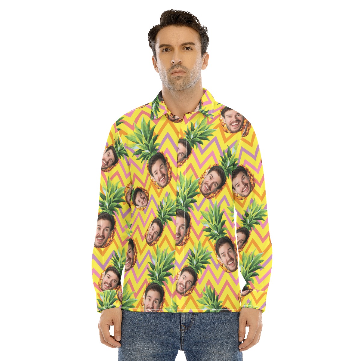 Unique Custom Face Pineapple Hawaiian Long Sleeve Shirt For Men - variant image 1