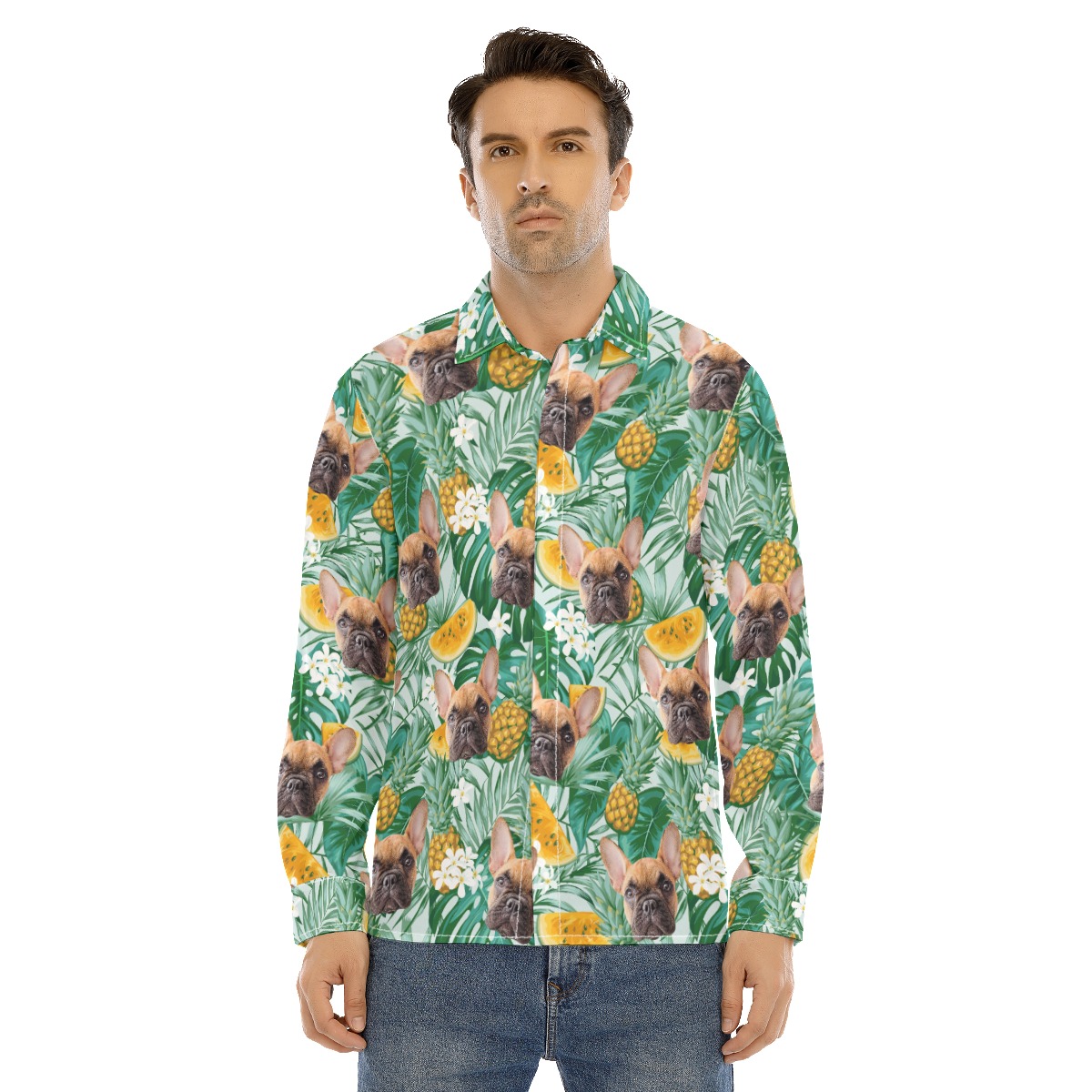 Men's Long Sleeve Hawaiian Shirt With Dog Face - variant image 1