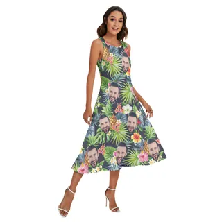 Unique Custom Face Floral Pineapple Sleeveless Dress With Pockets