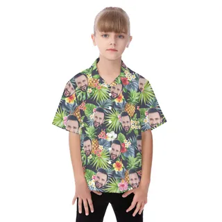 Funny Custom Face Mix Floral Patterns Kid's Button Up Shirt