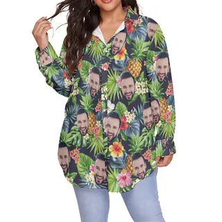 Floral Custom Face Plus Size Long Sleeve Hawaiian Shirt For Women