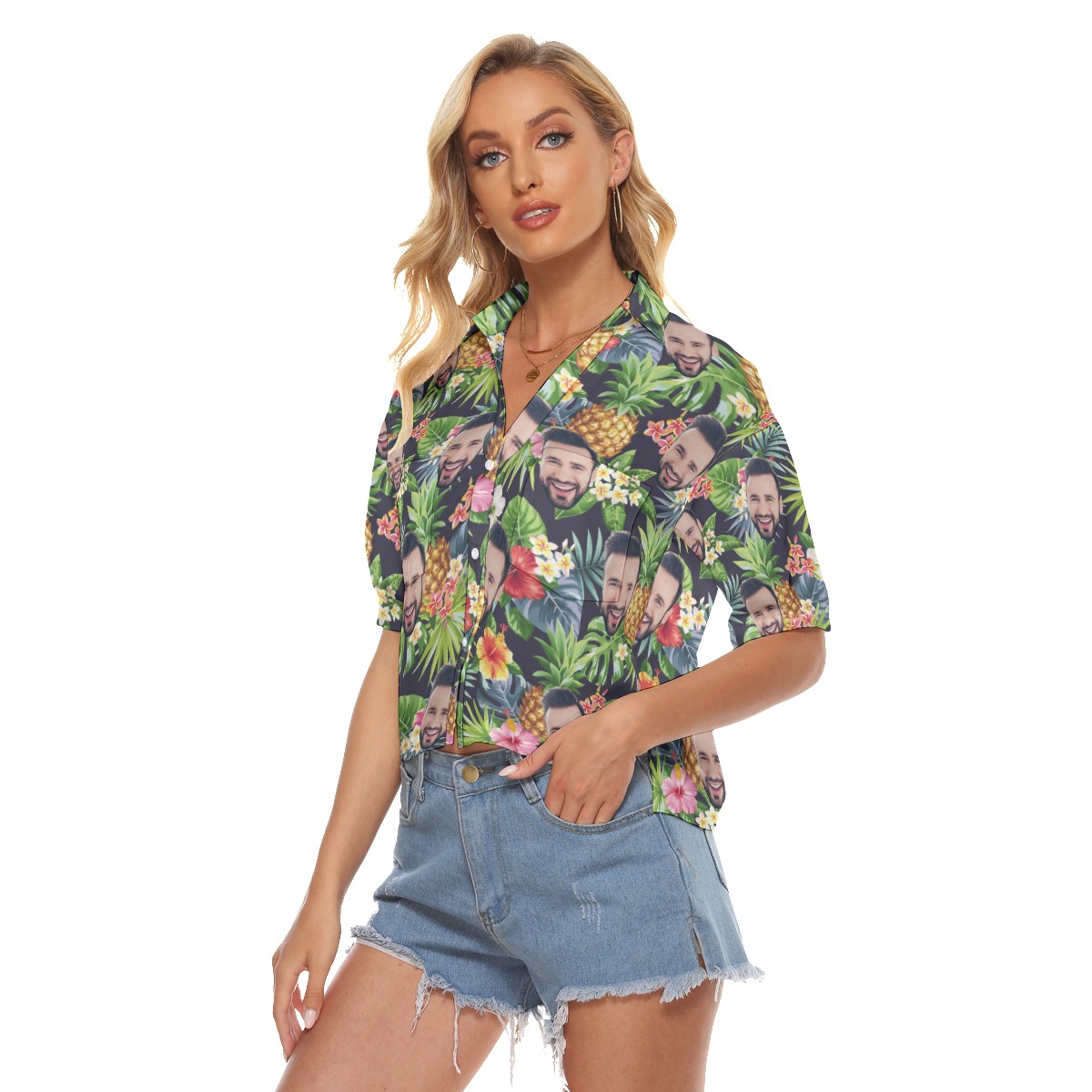 Custom Face Funny Floral Pineapple Hawaiian Crop Top Shirt - variant image 1