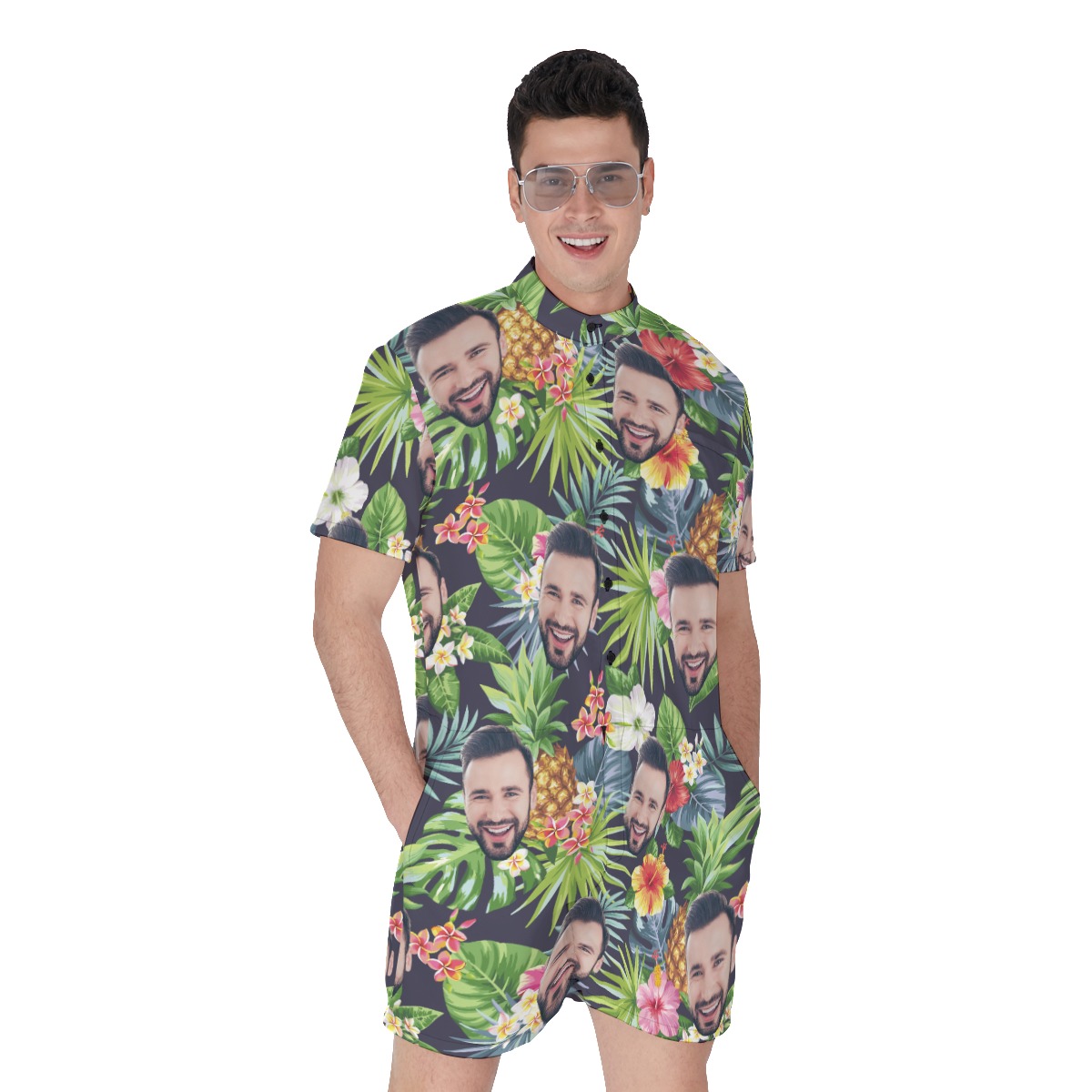 Custom Face Funny Floral Pineapple Hawaiian Romper For Men - variant image 1