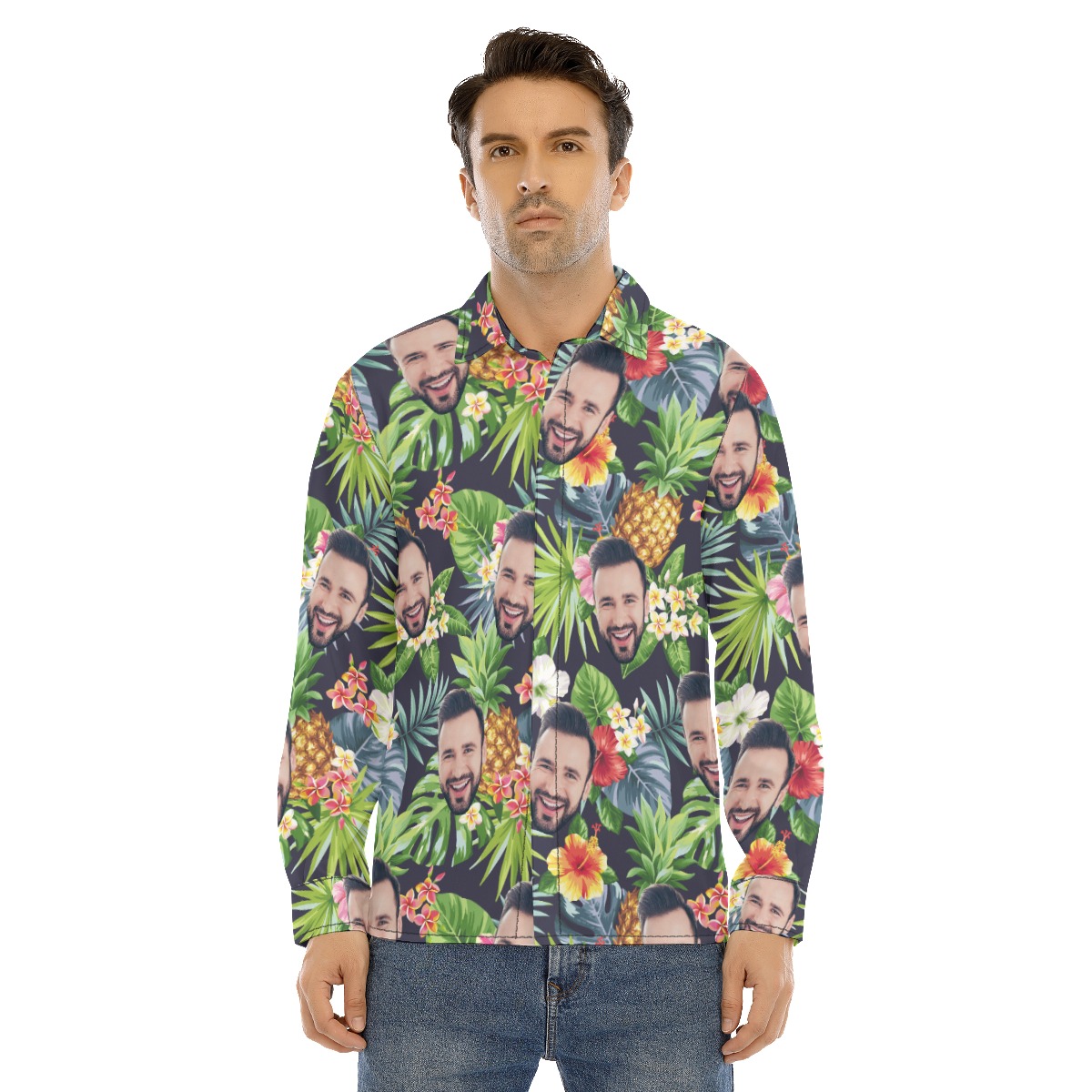 Funny Custom Face Floral Pineapple Hawaiian Long Sleeve Shirt For Men - variant image 1