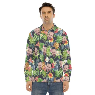 Funny Custom Face Floral Pineapple Hawaiian Long Sleeve Shirt For Men