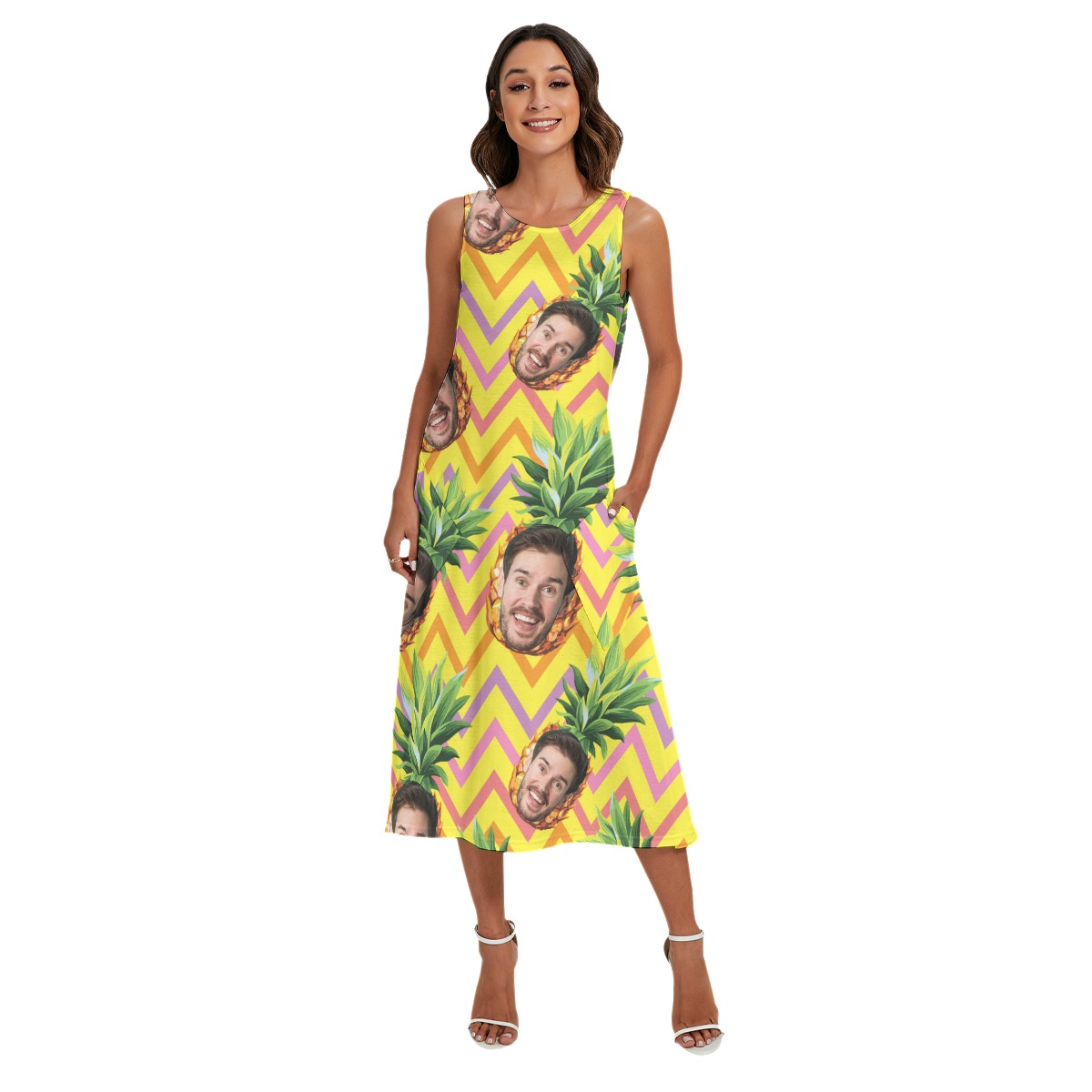 Funny Custom Face With Pineapple Hawaiian Long Dress For Women