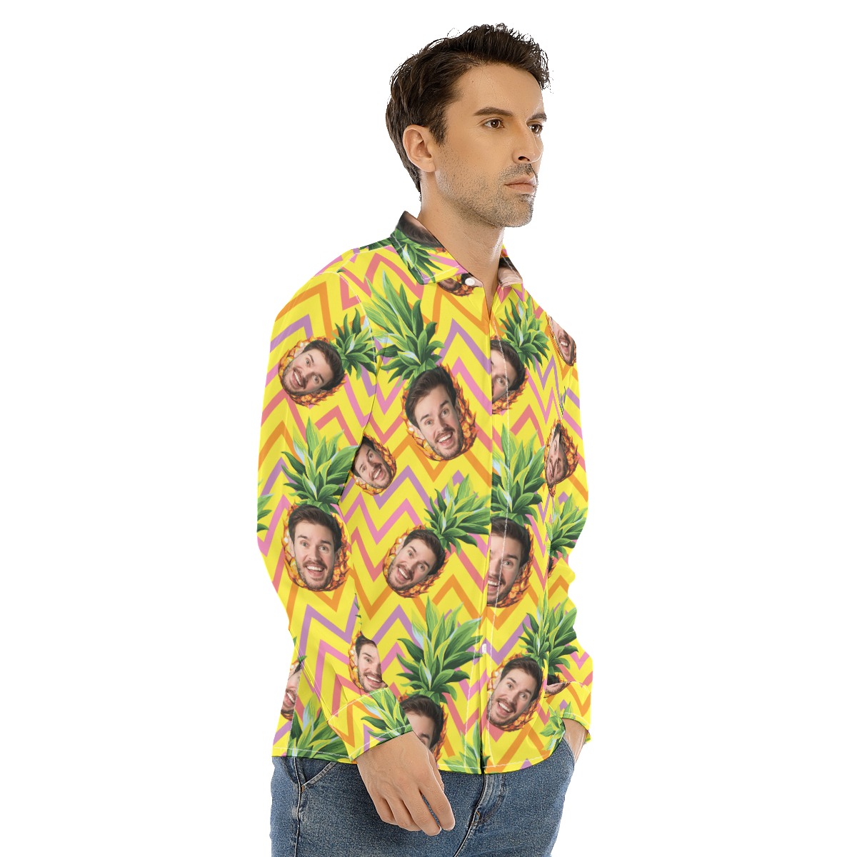 Unique Custom Face Pineapple Hawaiian Long Sleeve Shirt For Men