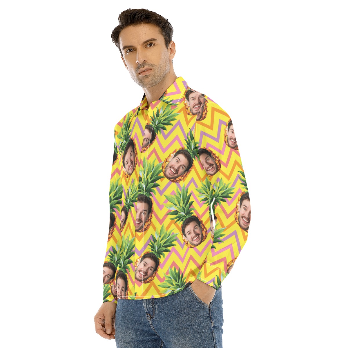Unique Custom Face Pineapple Hawaiian Long Sleeve Shirt For Men