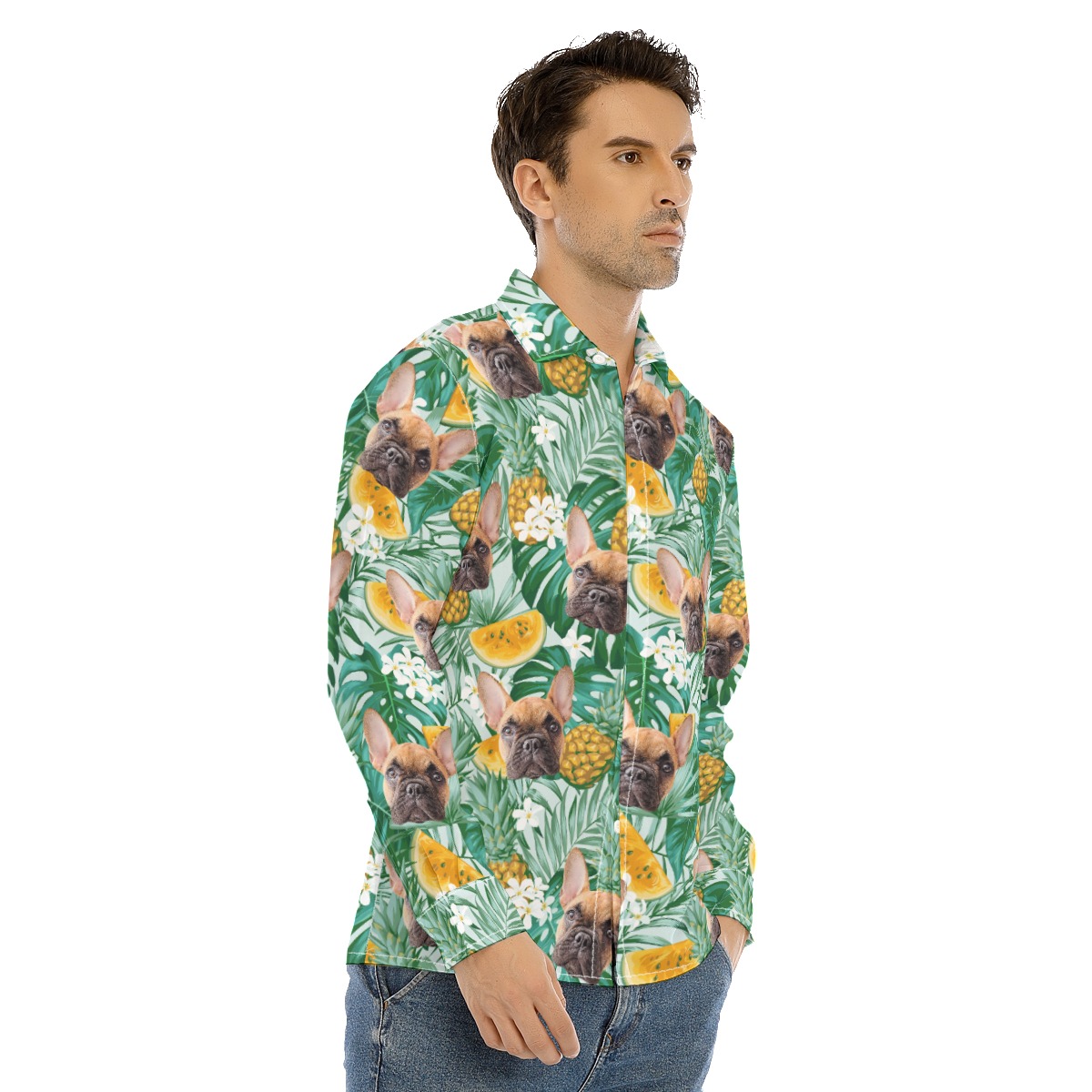 Men's Long Sleeve Hawaiian Shirt With Dog Face