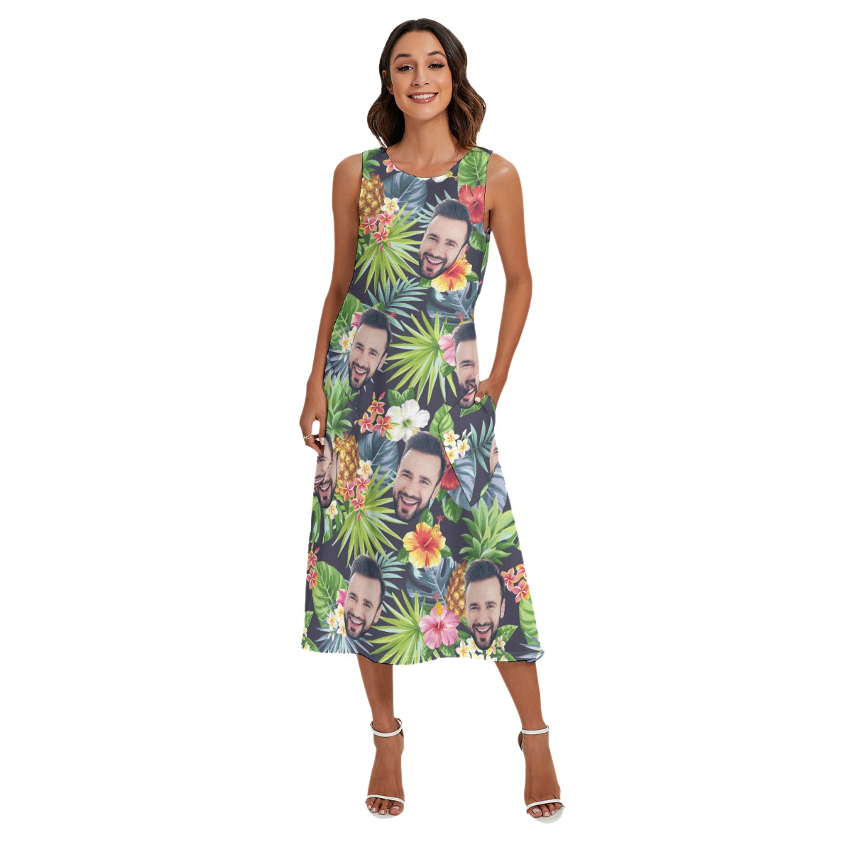 Unique Custom Face Floral Pineapple Sleeveless Dress With Pockets
