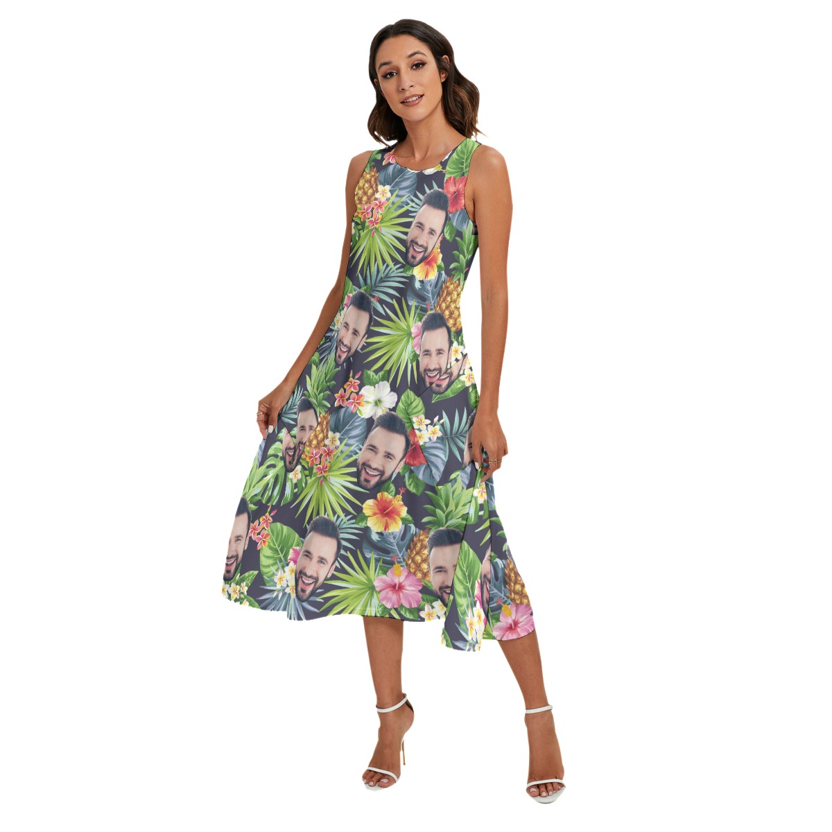 Unique Custom Face Floral Pineapple Sleeveless Dress With Pockets