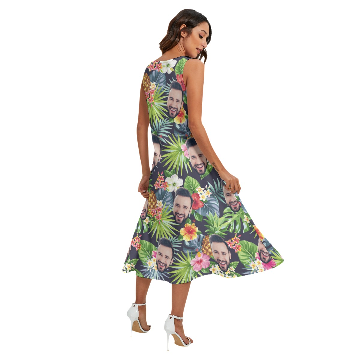 Unique Custom Face Floral Pineapple Sleeveless Dress With Pockets