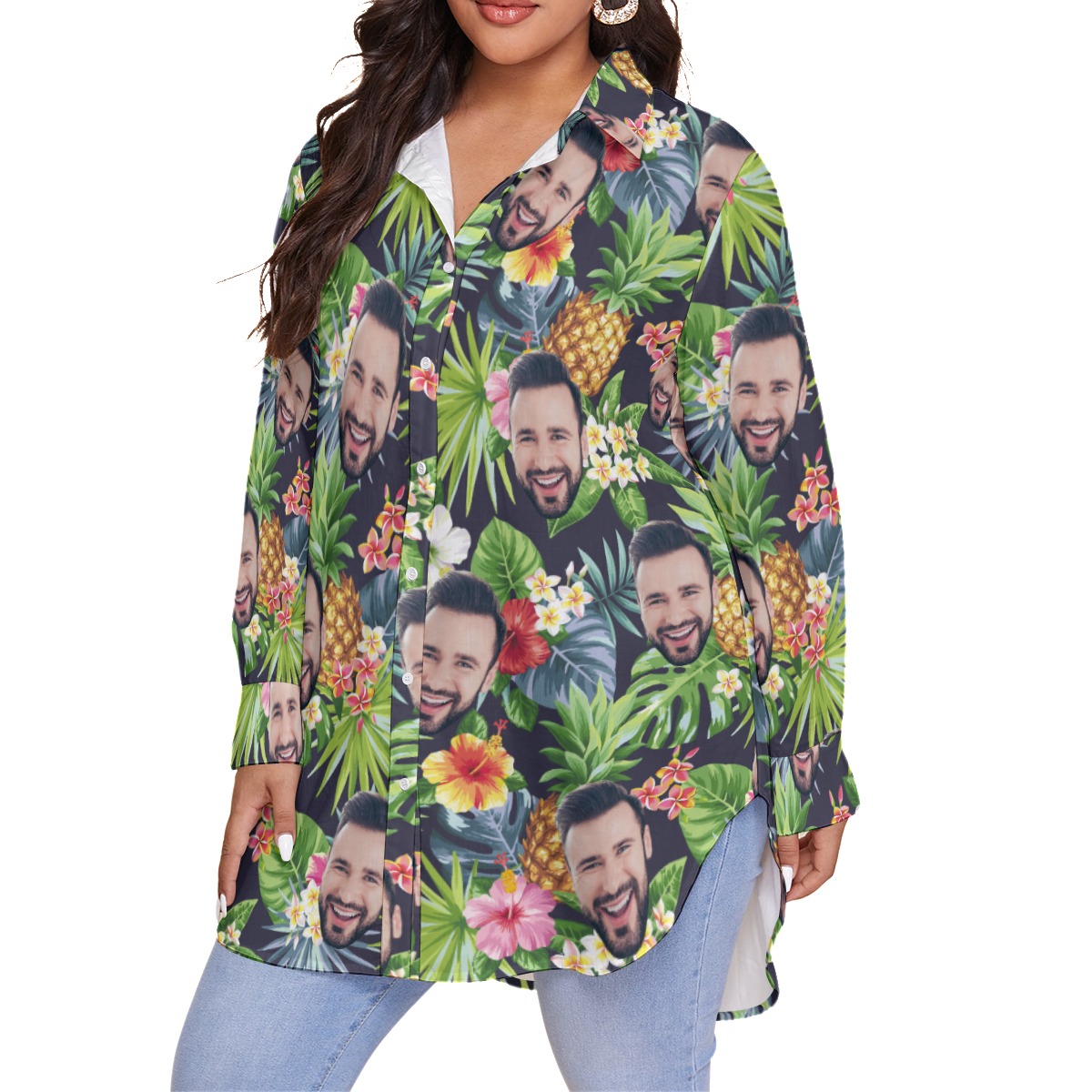 Floral Custom Face Plus Size Long Sleeve Hawaiian Shirt For Women