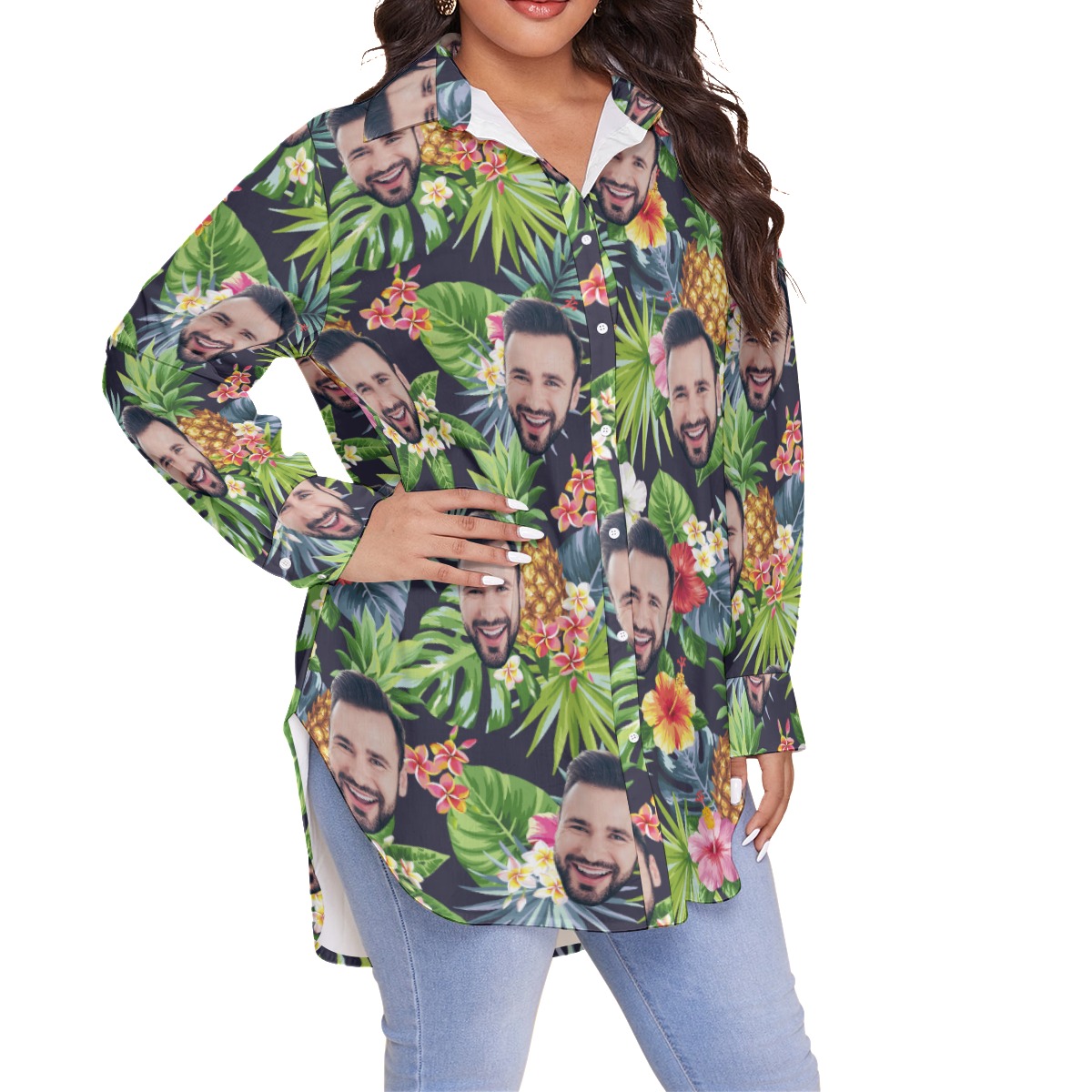 Floral Custom Face Plus Size Long Sleeve Hawaiian Shirt For Women
