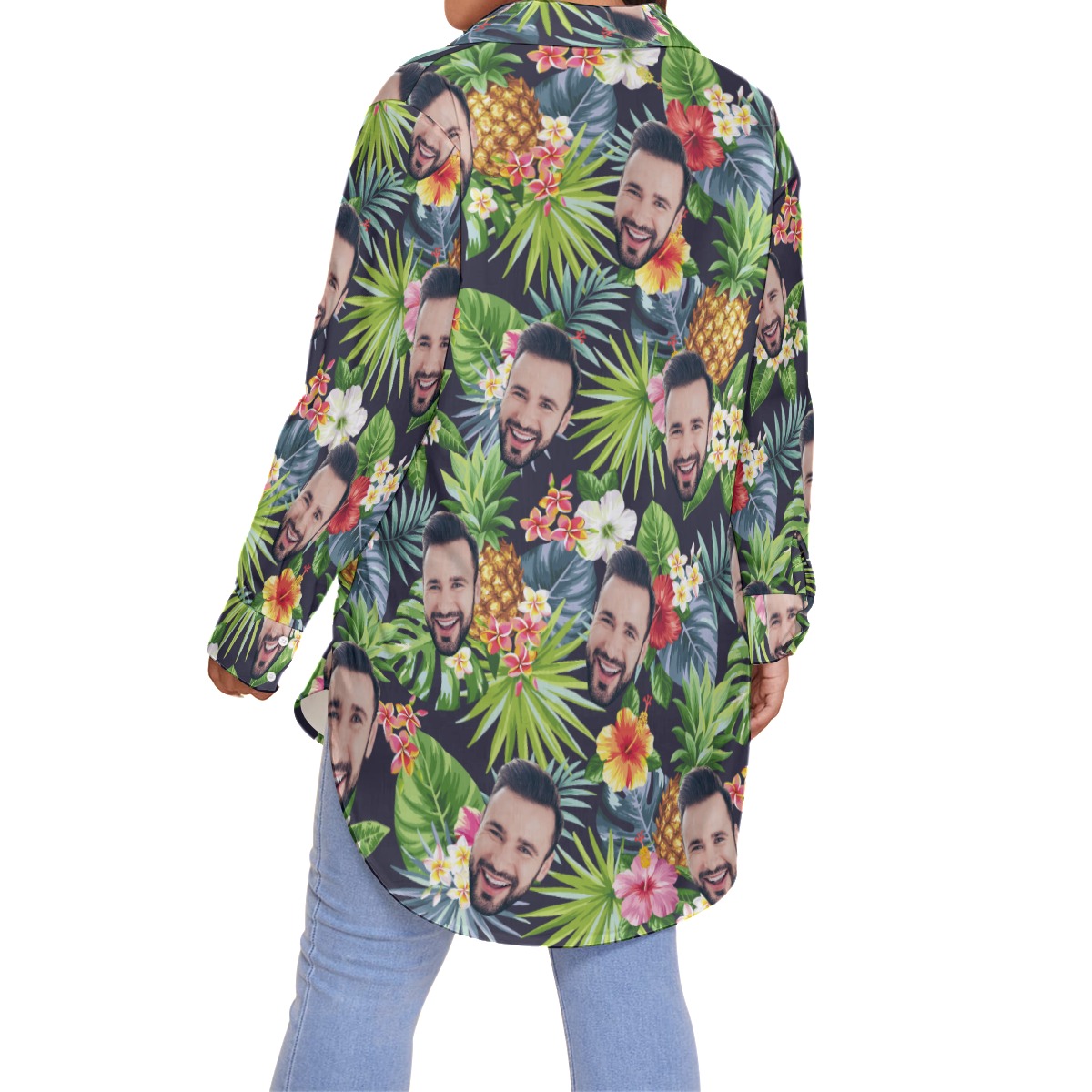 Floral Custom Face Plus Size Long Sleeve Hawaiian Shirt For Women