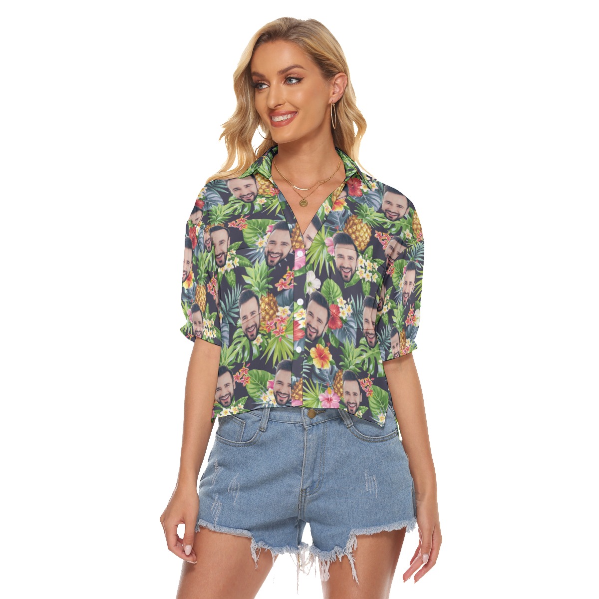 Custom Face Funny Floral Pineapple Hawaiian Crop Top Shirt