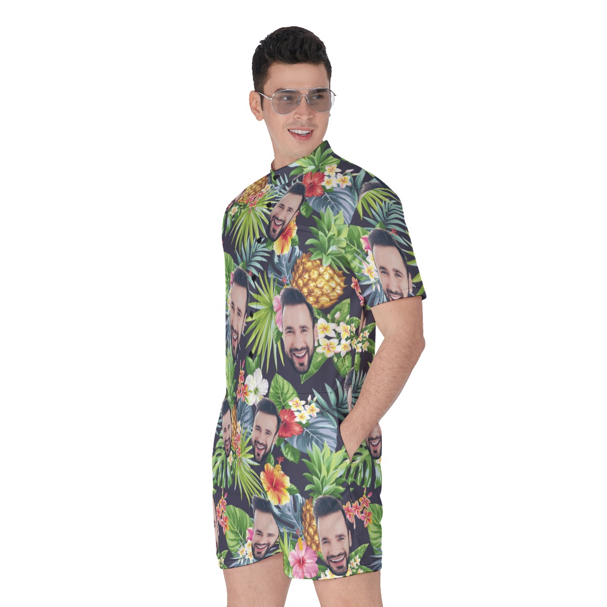 Custom Face Funny Floral Pineapple Hawaiian Romper For Men