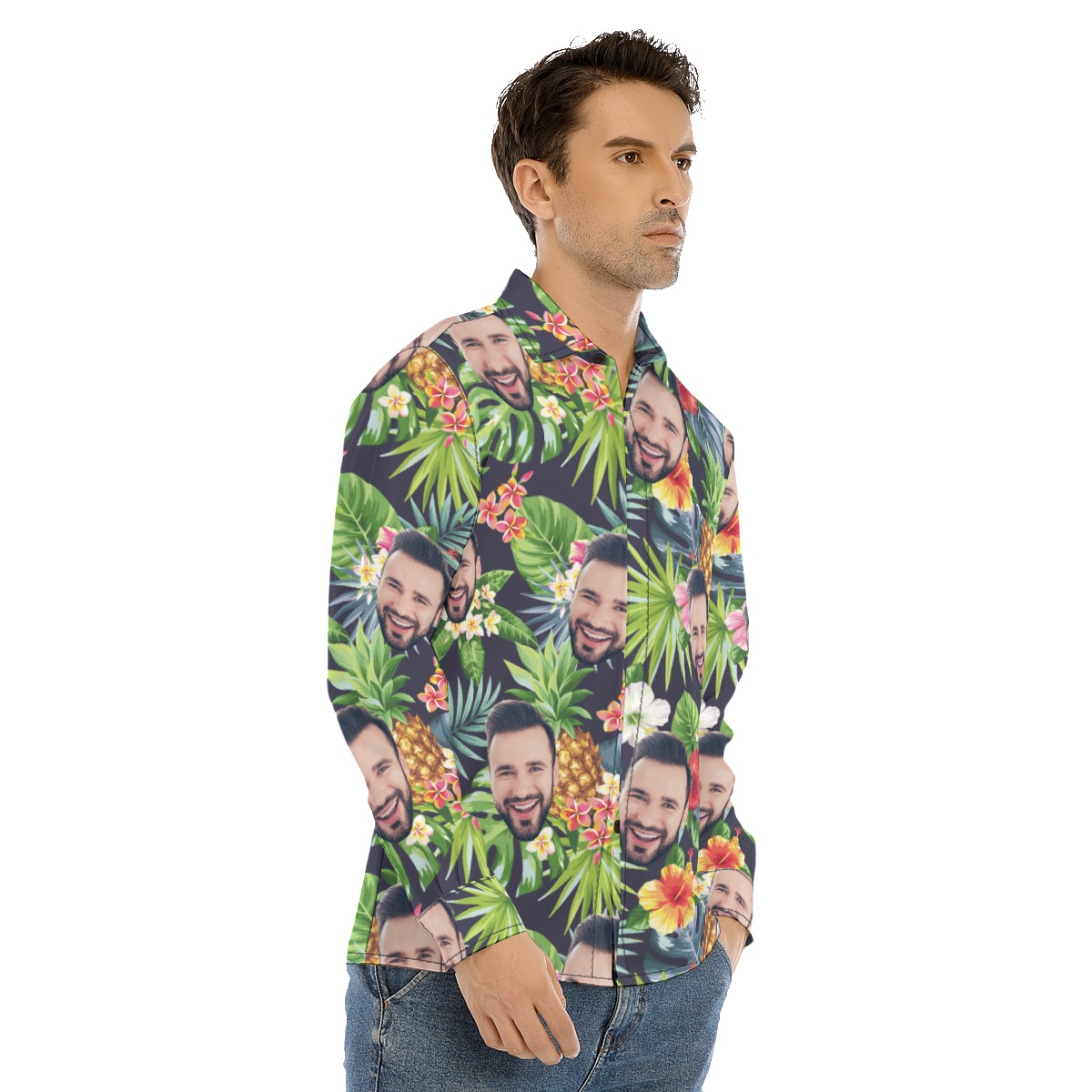 Funny Custom Face Floral Pineapple Hawaiian Long Sleeve Shirt For Men