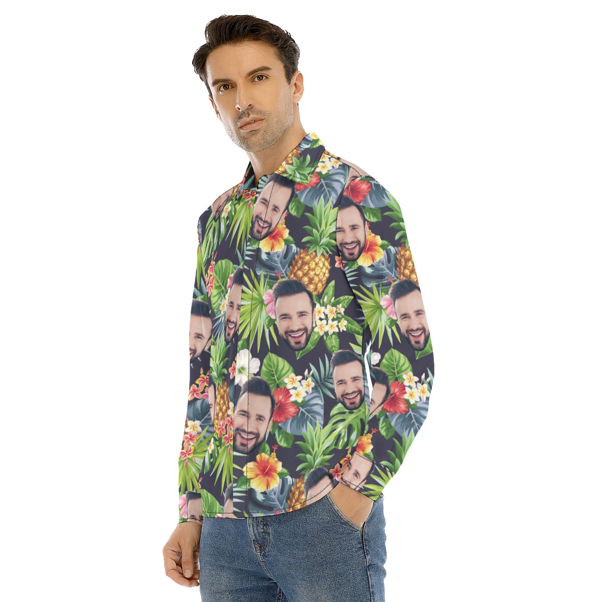 Funny Custom Face Floral Pineapple Hawaiian Long Sleeve Shirt For Men