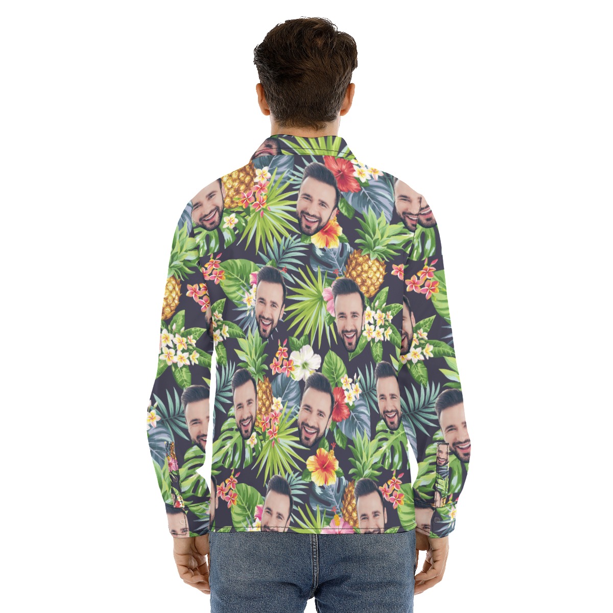 Funny Custom Face Floral Pineapple Hawaiian Long Sleeve Shirt For Men