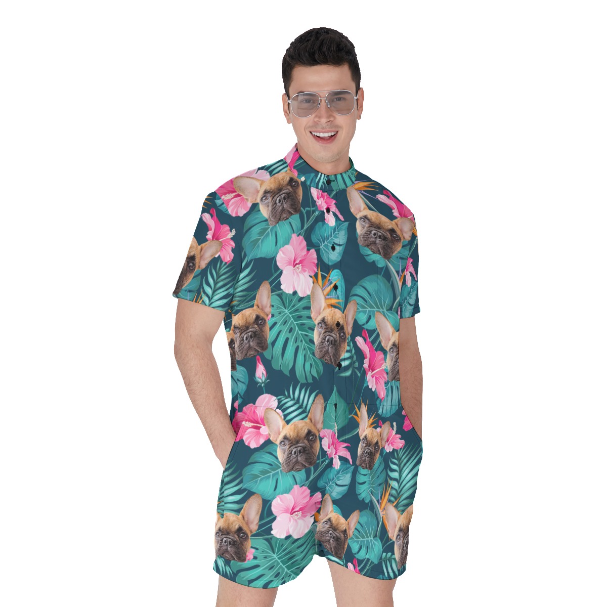 Custom Cat Dog Tropical Hawaiian Romper For Men - variant image 1