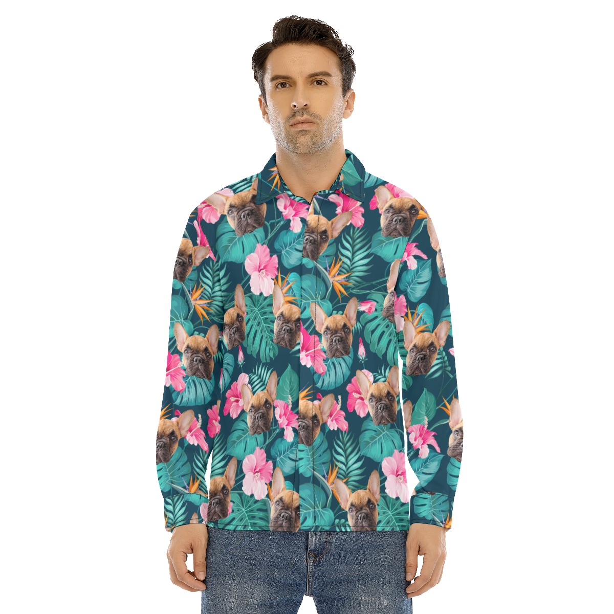 Custom Face Dog And Cat Long Sleeve Hawaiian Shirts For Men - variant image 1