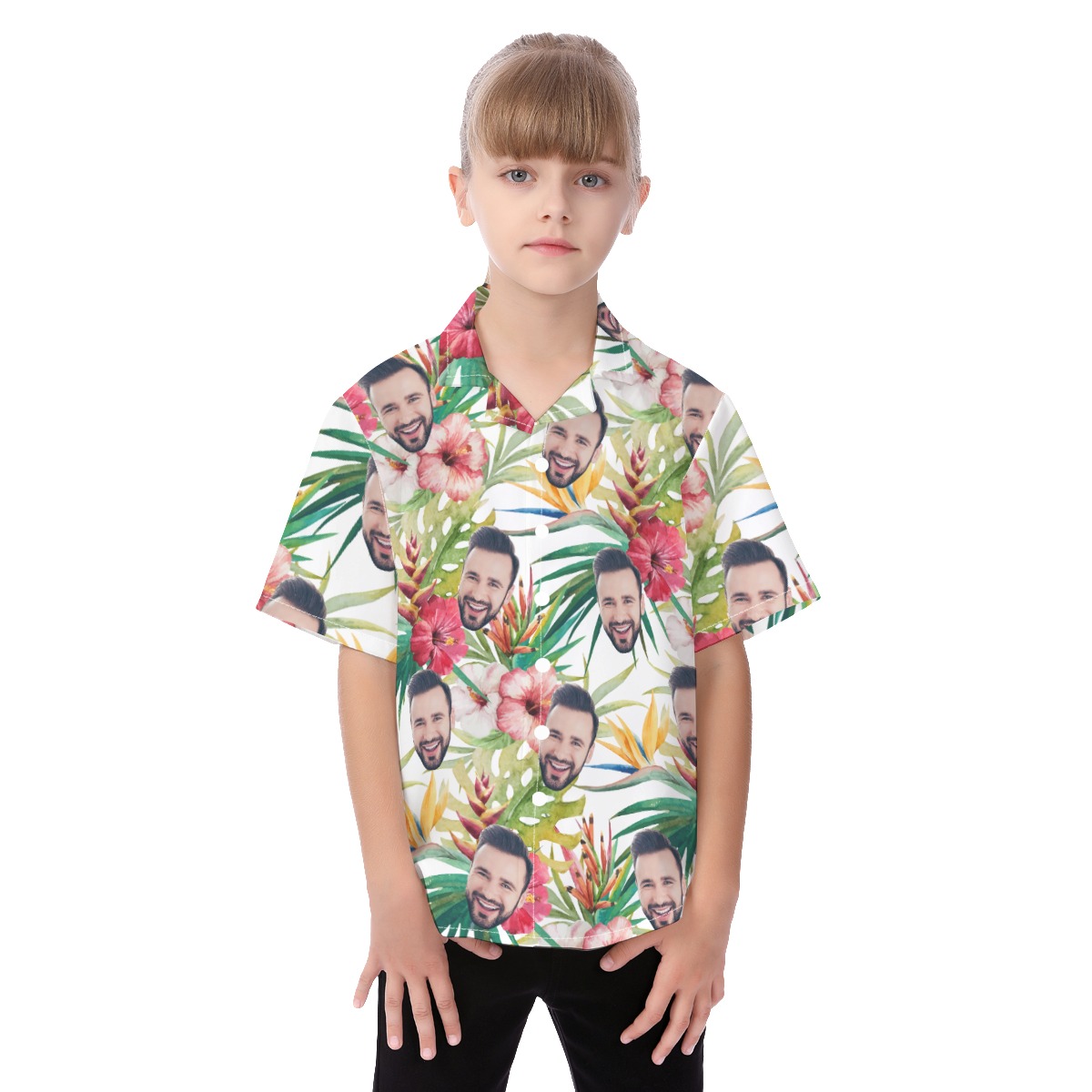 Cute Tropical Hibicus Custom Face Hawaiian Button Up Shirt For Kids - variant image 1