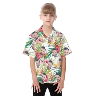 Cute Tropical Hibicus Custom Face Hawaiian Button Up Shirt For Kids