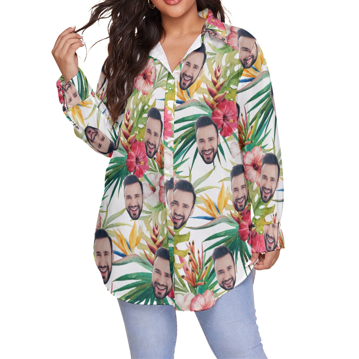 Unique Custom Face Hibicus Patterns Hawaiian Plus Size Shirt For Women - variant image 1