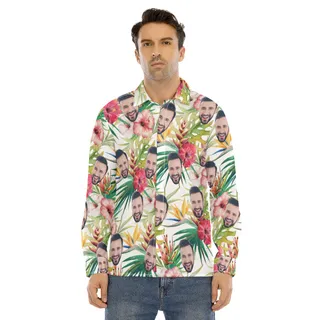 Custom Face Floral Hibicus Hawaiian Long Sleeve Shirt