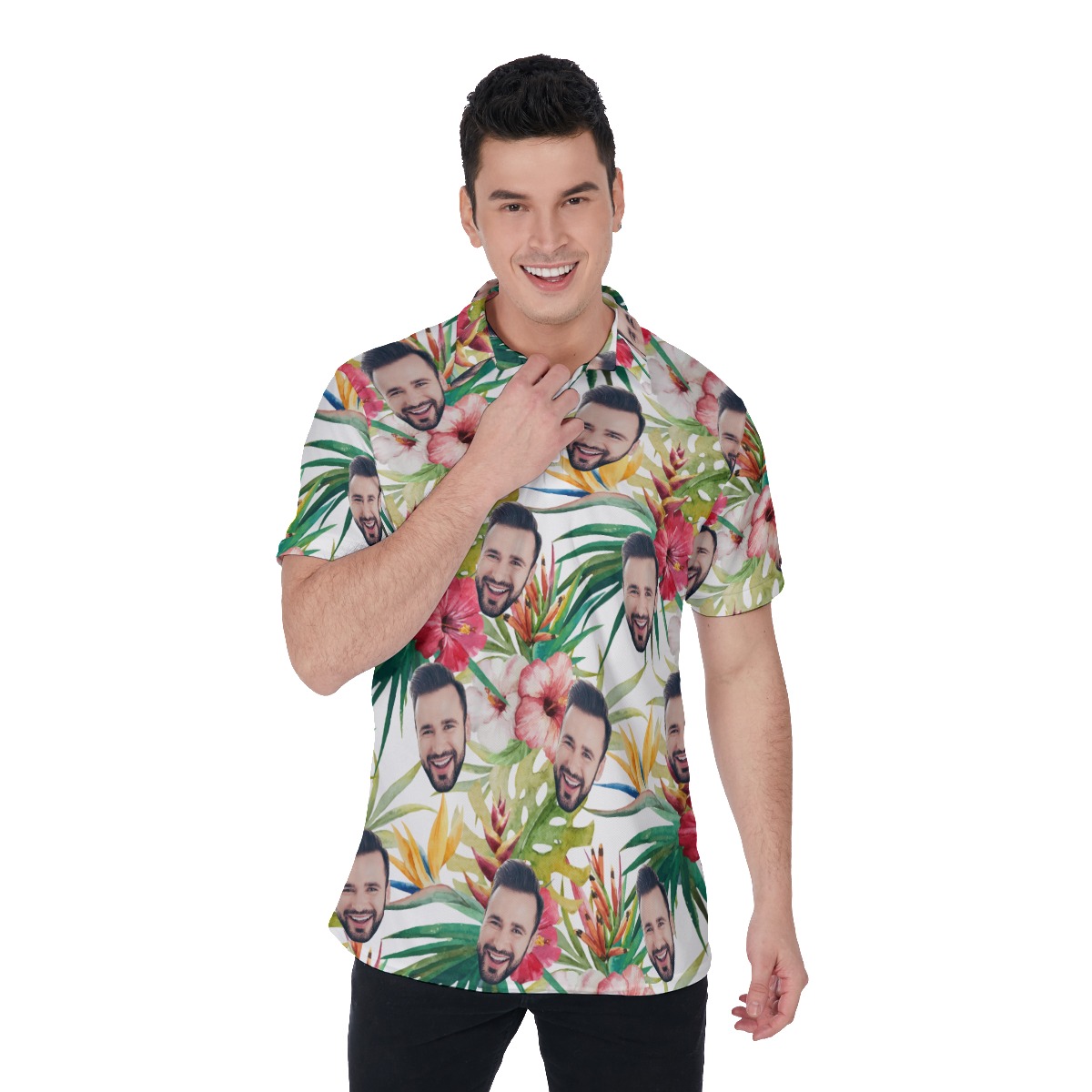 Custom Floral Hibicus Hawaiian Polo Shirt With Face - variant image 1