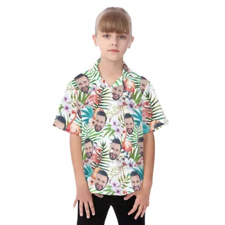 Cute Tropical Flamingo Custom Face Aloha Button Up Shirt For Kids