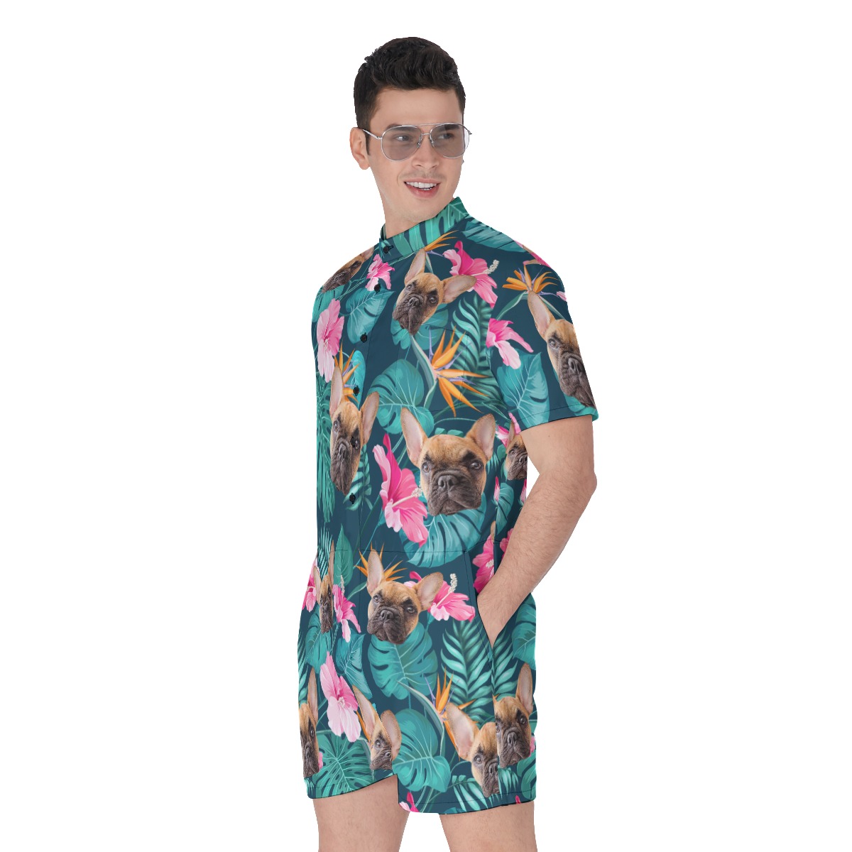 Custom Cat Dog Tropical Hawaiian Romper For Men
