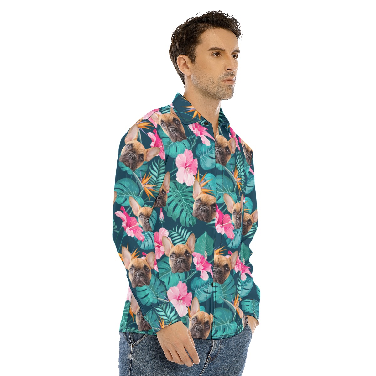 Custom Face Dog And Cat Long Sleeve Hawaiian Shirts For Men