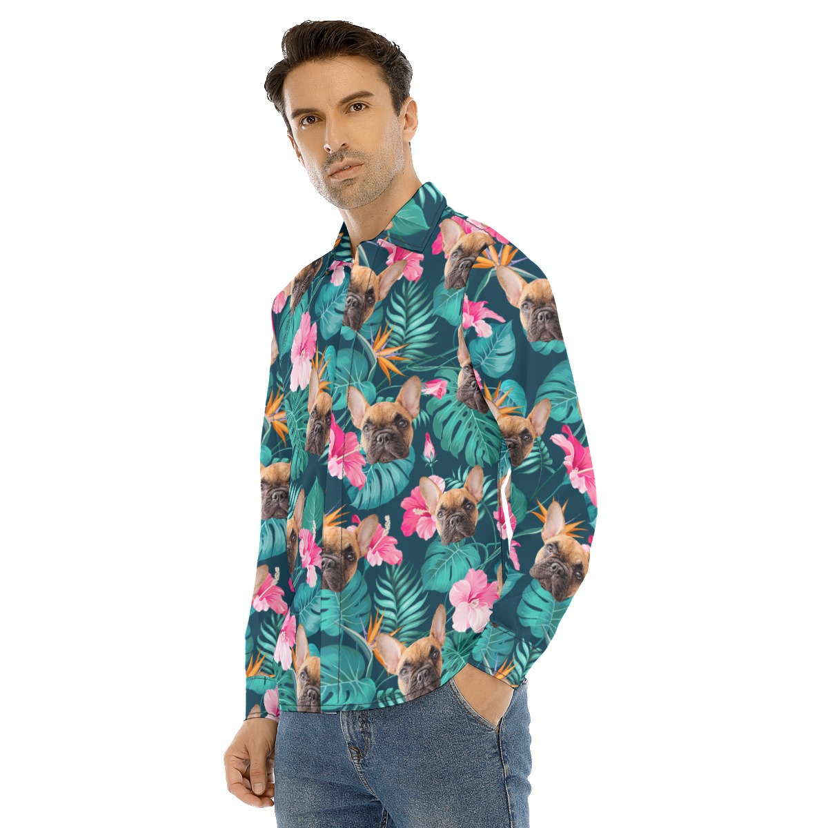 Custom Face Dog And Cat Long Sleeve Hawaiian Shirts For Men