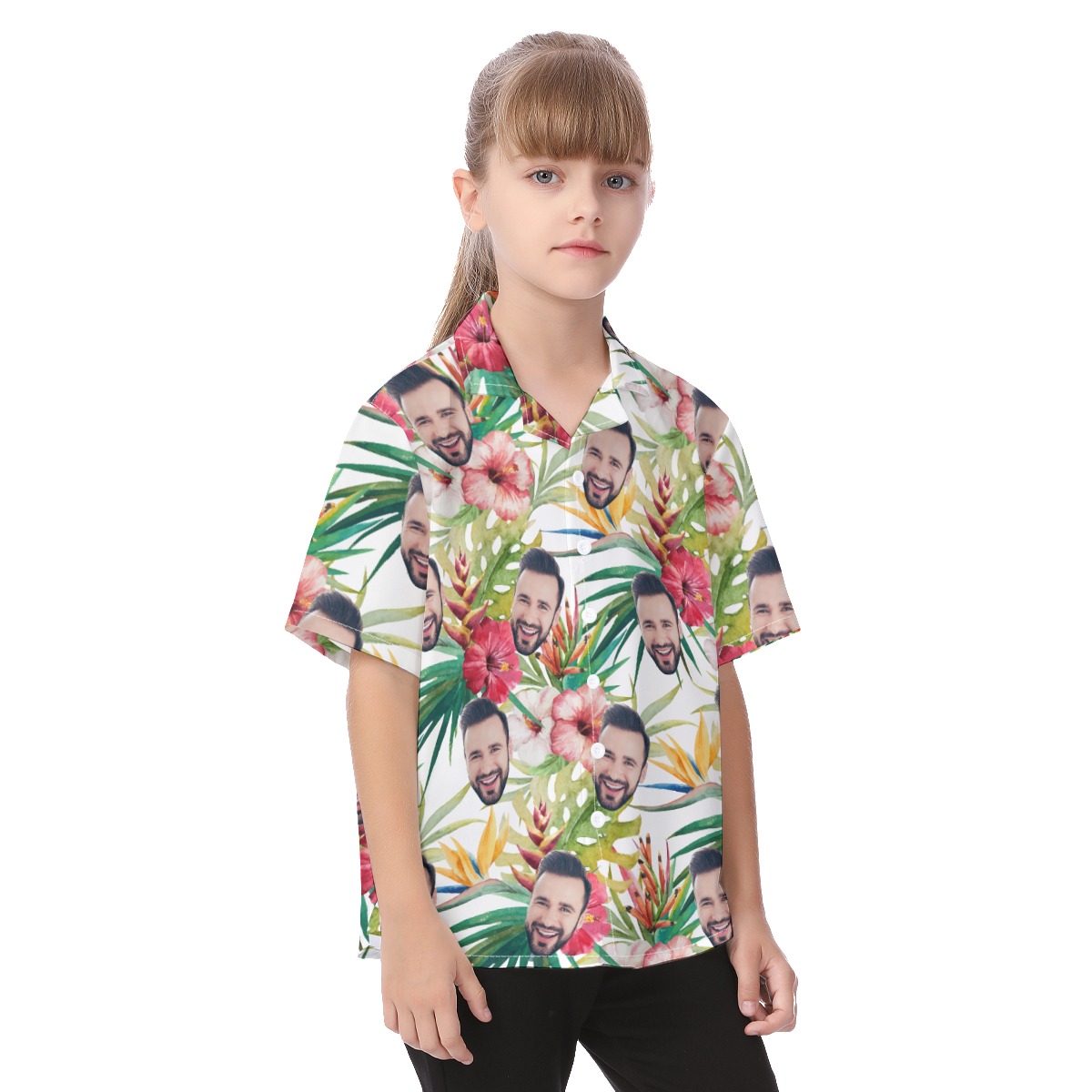 Cute Tropical Hibicus Custom Face Hawaiian Button Up Shirt For Kids