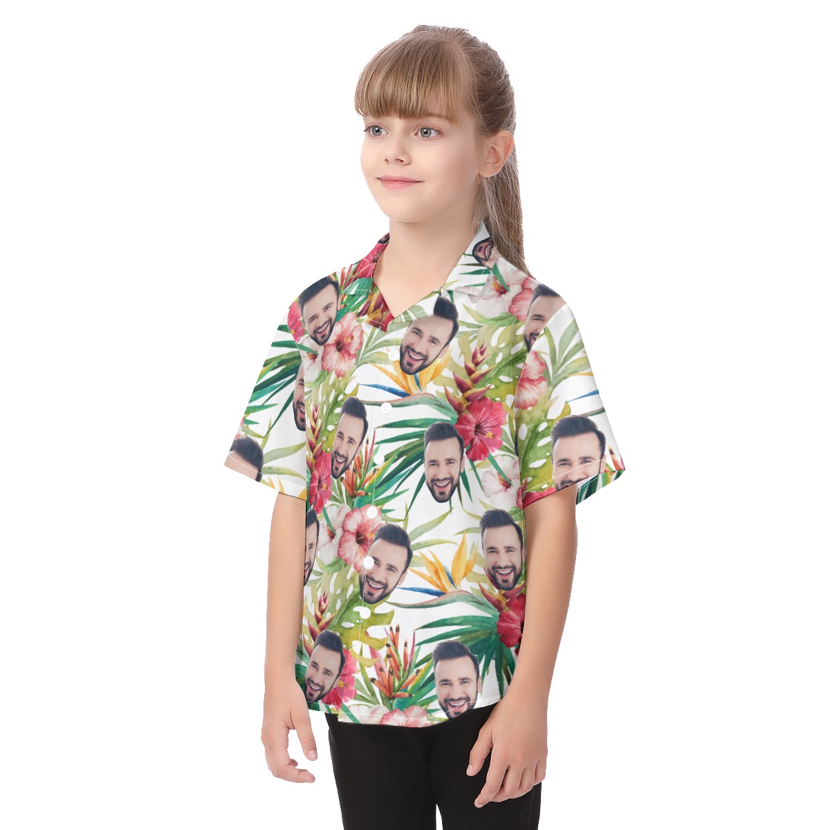 Cute Tropical Hibicus Custom Face Hawaiian Button Up Shirt For Kids